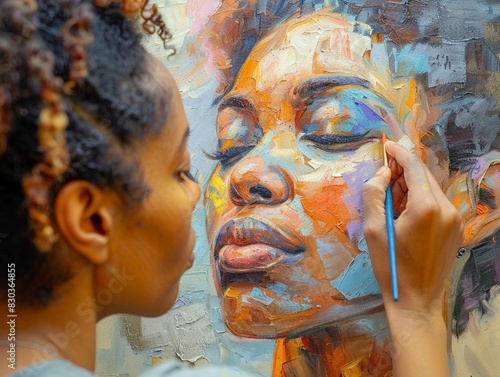 an African American woman painting a self portrait on a canvas she is in her art studio Oil painting, V4 painterly