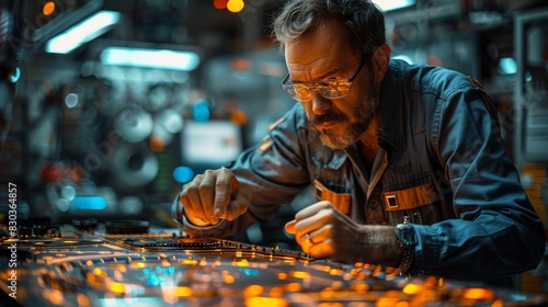 An engineer is fine-tuning a complex machine with illuminated components, focusing on precision