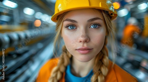 Young female engineer wearing a yellow hard hat in an industrial environment © familymedia