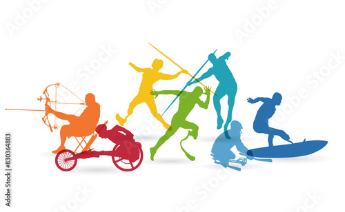 Sporters with Disabilities Representing Different Sports United. Colorful Silhouettes of Various Sport Athletes with Disabilities, Track and Field, Javelin, Para Cycling, Surfing, Archery, Ice Hockey	
