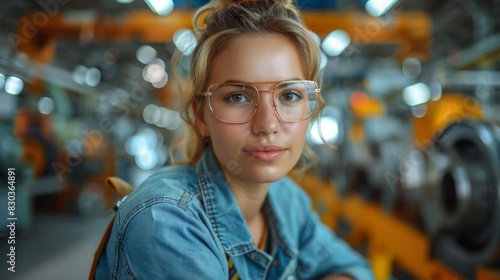 Casual young woman wearing glasses poses in an industrial setting with machines