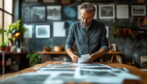 Man examining photos in a studio photo