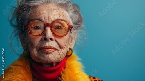 A fashionable elderly woman with red glasses and feather boa posing confidently against a blue background © familymedia