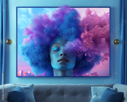 Create an image of  a young African American woman with voluminous curly Afro emerging from a lifesize art canvas in 3D  photo