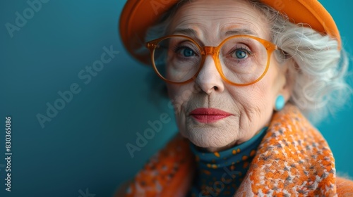 Elegant senior lady with stylish glasses and orange hat captured in a close-up portrait against a blue backdrop