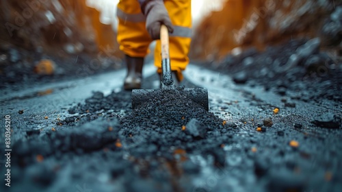 A paving worker shovels in focus with a brooding sky backdrop  conveying hard work