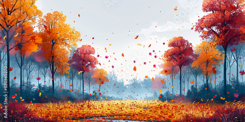 flat illustration of autumn forest with trees and fallen leaves photo
