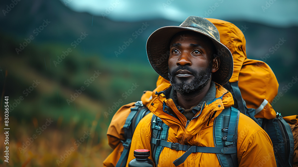 Fototapeta premium adventurous resilient Male African American explorer traversing remote landscape pushing boundary of human discovery courage determination embarks daring expedition uncover secret of natural world ins