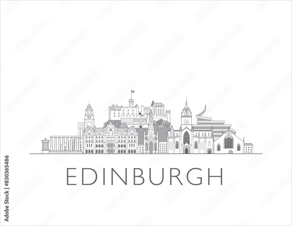 Naklejka premium Edinburgh skyline cityscape line art style vector illustration in black and white