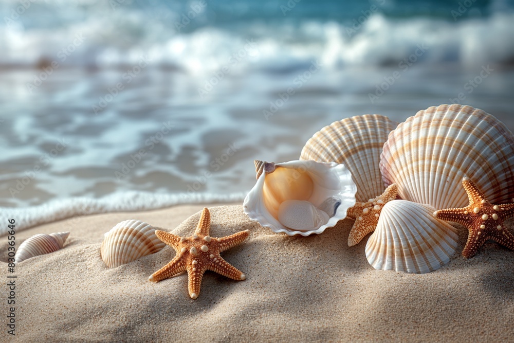Seashells and starfish on tropical beach sand Seashells and starfish on tropical beach sand