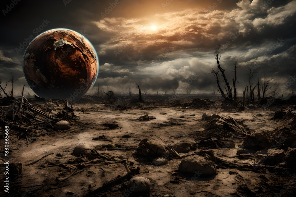 Doomsday. Post apocalyptic abandoned city in ruins with a burning planet. Apocalyptic view of destroyed world. Generative AI Doomsday. Post apocalyptic abandoned city in ruins with a burning planet. Apocalyptic view of destroyed world. Generative AI