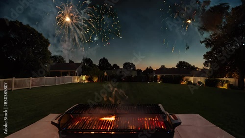Backyard Grill Lighting Up The Night With Fireworks On Fourth Of July Evening