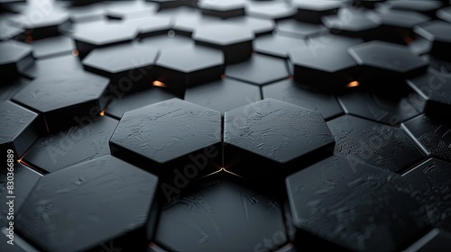 A close up of black hexagonal shapes with a black background. The shapes are arranged in a way that creates a sense of depth and texture. The image has a futuristic and industrial feel to it