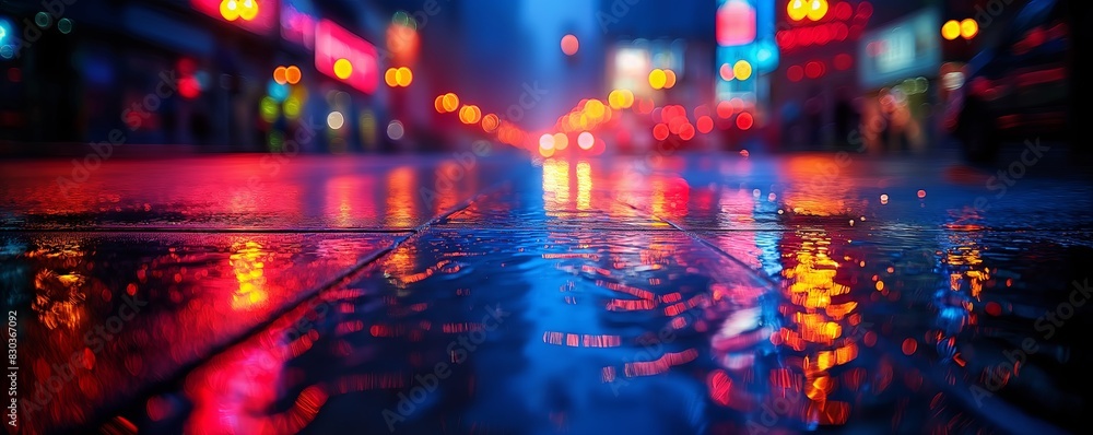 Vibrant city street after the rain at night