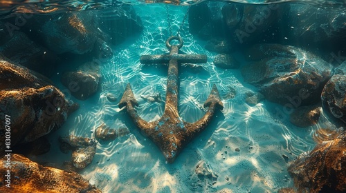 An underwater shot capturing a rustic ancient anchor amidst crystal-clear waters  symbolizing stability