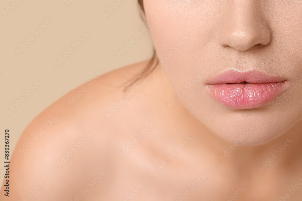 Young woman with pink lipstick on color background, closeup Young woman with pink lipstick on color background, closeup