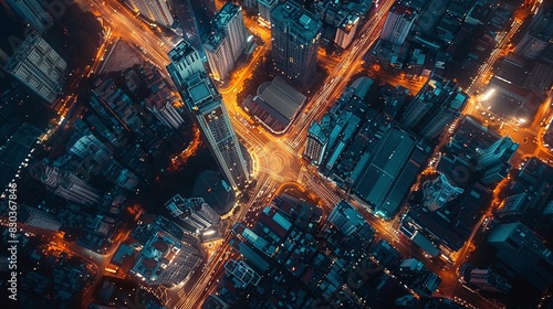 Depict an aerial view of a dense urban area at night  lit up by city lights