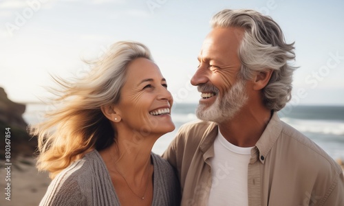 Summer portrait happy smiling mature couple together on sunny coast  enjoying beach vacation at sea