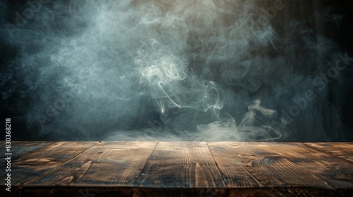 empty wooden table with smoke float up on dark background, generative ai