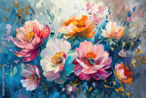 A painting of a bouquet of flowers with a blue background. The flowers are pink and white, and the painting has a vibrant and lively feel to it