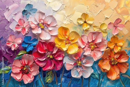 A painting of a field of flowers with a blue sky in the background. The flowers are in various colors, including pink, yellow, and purple. The painting has a bright and cheerful mood, with the colors