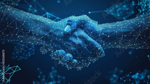 Digital handshake on blue technology background. Abstract two hands in lines, connected dots, and triangles, Business partnership concept, generative ai