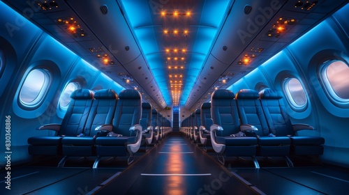 The warm lighting inside the empty airplane cabin suggests a cozy and inviting travel environment photo