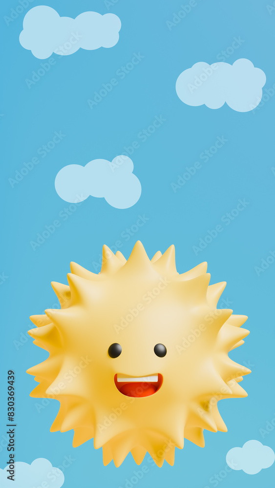 Fototapeta premium day with clouds and a sun that smiles and has black eyes in a blue sky, happiness and joy