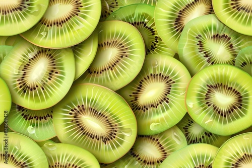 A close up of a bunch of kiwi fruit. The fruit is green and has a fuzzy brown skin. The kiwi slices are arranged in a pattern, with some overlapping and some not