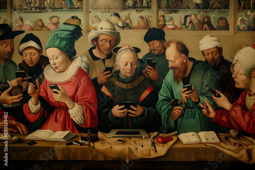 A painting in the style of the Northern Renaissance and Bosch. Medieval inhabitants using gadgets: laptops, smartphones, and tablets. The concept of new technologies.
