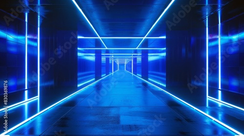 Blue neon abstract background, ultraviolet light, night club empty room interior, tunnel or corridor, glowing panels, fashion podium, generative ai