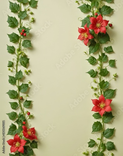 Floral Border with Red Flowers and Green Leaves