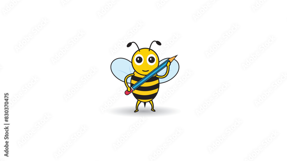 icon bee cartoon, cute bee with smiling face bring pencil for study go to school icon bee cartoon, cute bee with smiling face bring pencil for study go to school