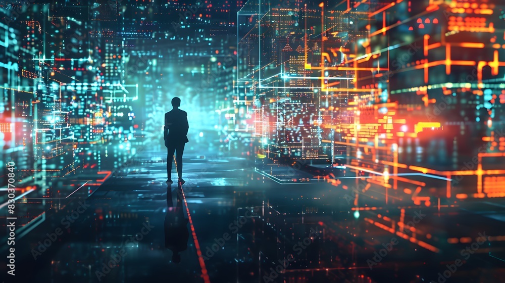 Silhouette of a Businessman in a Futuristic City Silhouette of a Businessman in a Futuristic City