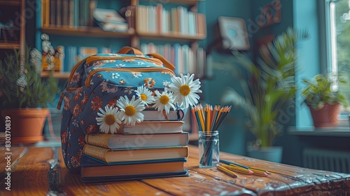 color photo of a stack of textbooks neatly arranged on a wooden desk, accompanied by a vibrant backpack filled with school supplies and a fresh bouquet of pencils.