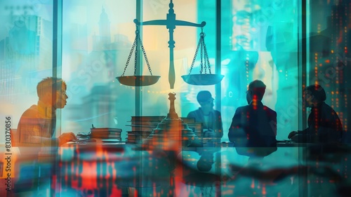Lawyer and legal business office. Illustration of a double exposure background of people meeting in an office room with silhouette of court scales.
