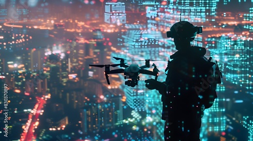 Drone pilot controlling drone with city lights in background