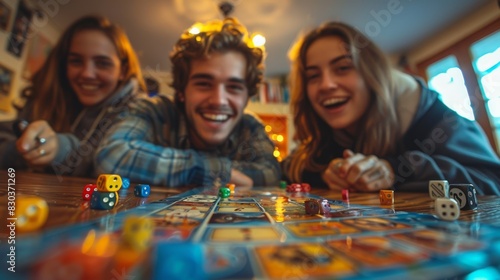 A group of cheerful friends sharing a joyful moment while playing a colorful board game together