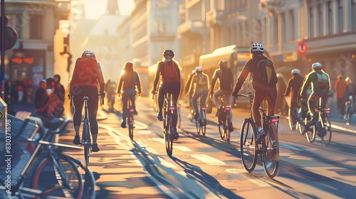 Bustling city street filled with cyclists commuting to work, showcasing the popularity of eco-friendly transportation modes, bike-sharing programs, vibrant energy of bike-friendly urban environment  photo