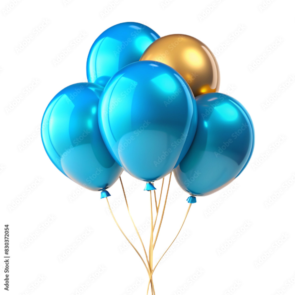 A cluster of shiny blue and gold balloons, perfect for celebrations. These 3D balloons are isolated on a transparent background, ideal for digital designs and festive projects A cluster of shiny blue and gold balloons, perfect for celebrations. These 3D balloons are isolated on a transparent background, ideal for digital designs and festive projects