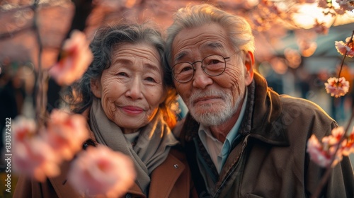 Older Asian couple embracing, smiling warmly amongst cherry blossoms © familymedia