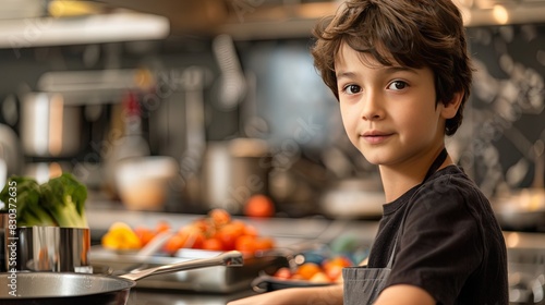A young boy with determination and focus mastering new cooking techniques
