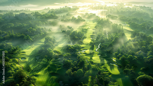 Misty golf course landscape near dawn aerial view, morning sunlight scenic environment, lush fairway photo