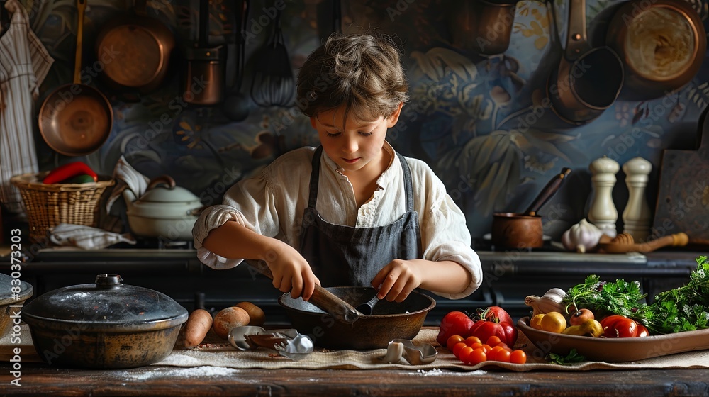 A young boy with innocence and curiosity exploring cooking ingredients A young boy with innocence and curiosity exploring cooking ingredients
