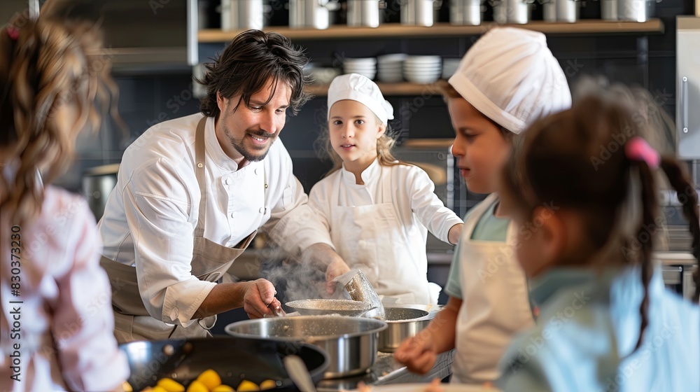 An instructor providing hands-on guidance to children during a cooking lesson An instructor providing hands-on guidance to children during a cooking lesson