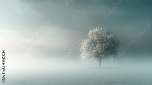 Ethereal Serenity: A Lone Tree Fading Into the Misty Landscape, Emphasizing Tranquility and Introspection