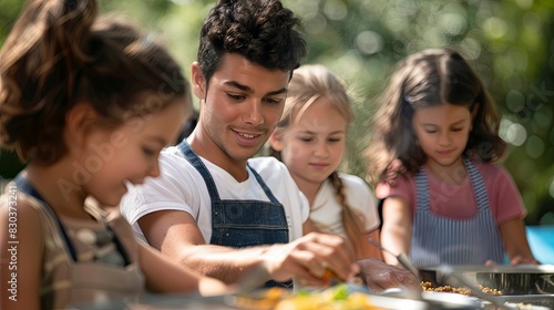 An instructor providing hands-on guidance to children during a cooking lesson