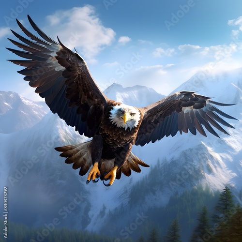 Bald Eagle Soaring Over Mountains
