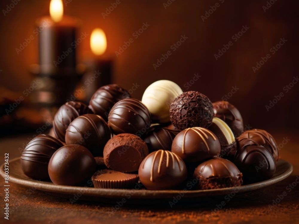A vibrant and delightful photo of an assortment of mouthwatering chocolates to celebrate World Chocolate Day. The chocolates are beautifully arranged in various shapes, sizes, and colors, A vibrant and delightful photo of an assortment of mouthwatering chocolates to celebrate World Chocolate Day. The chocolates are beautifully arranged in various shapes, sizes, and colors,