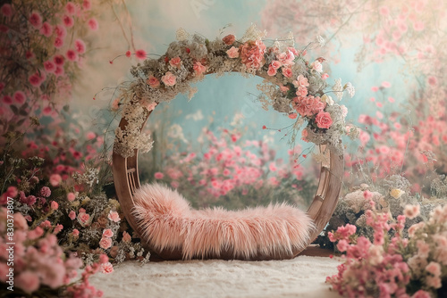 Baby crib with fur. Floral decoration, arch. 
Newborn digital Background.  Composite backdrop. Props for photography.
 photo